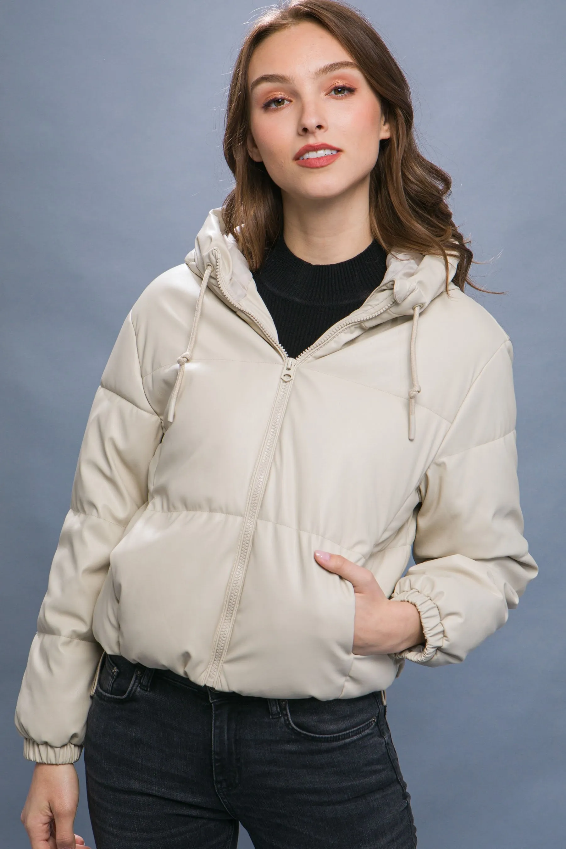 Women's faux leather zipper hooded puffer jacket