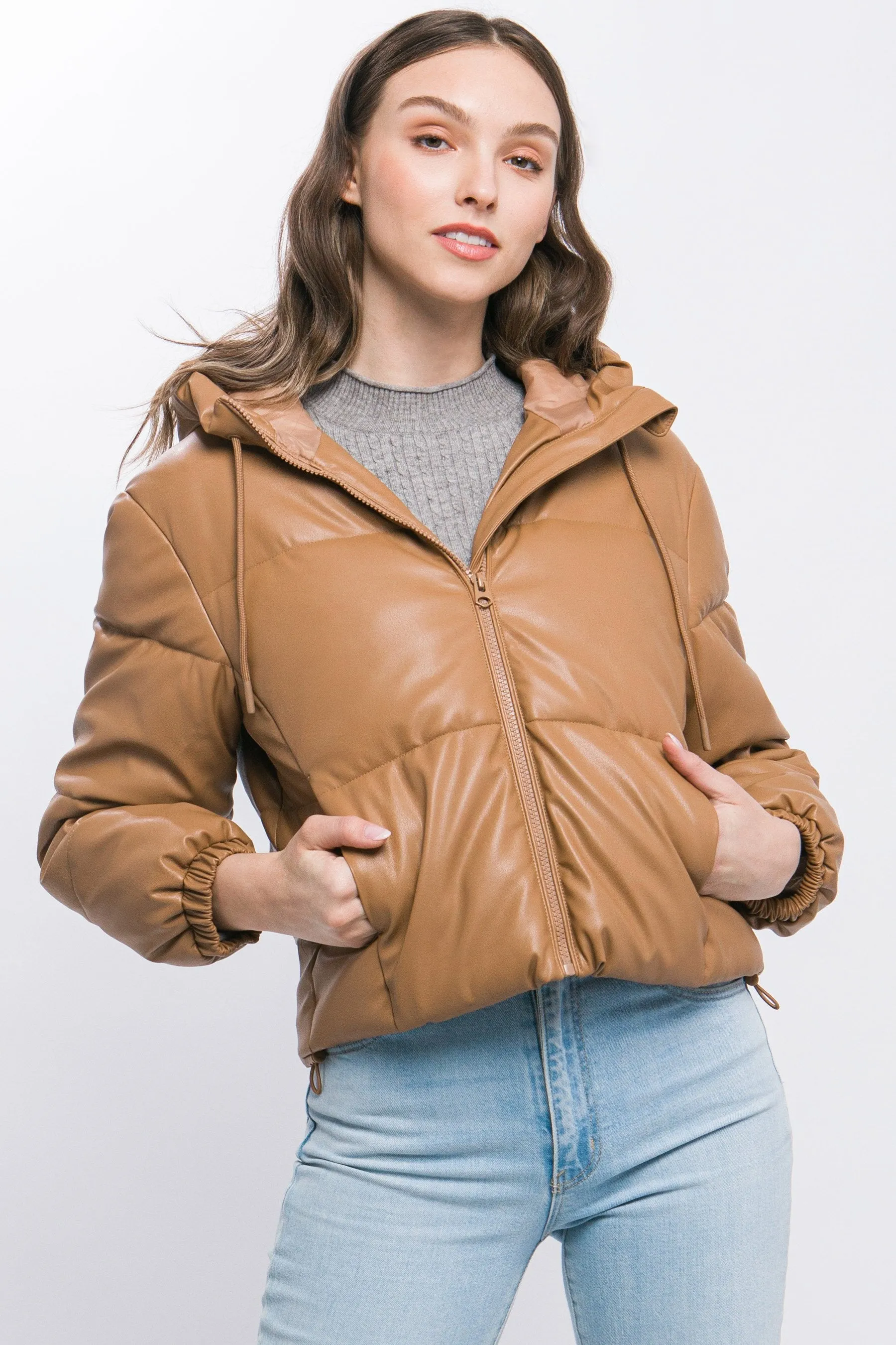 Women's faux leather zipper hooded puffer jacket