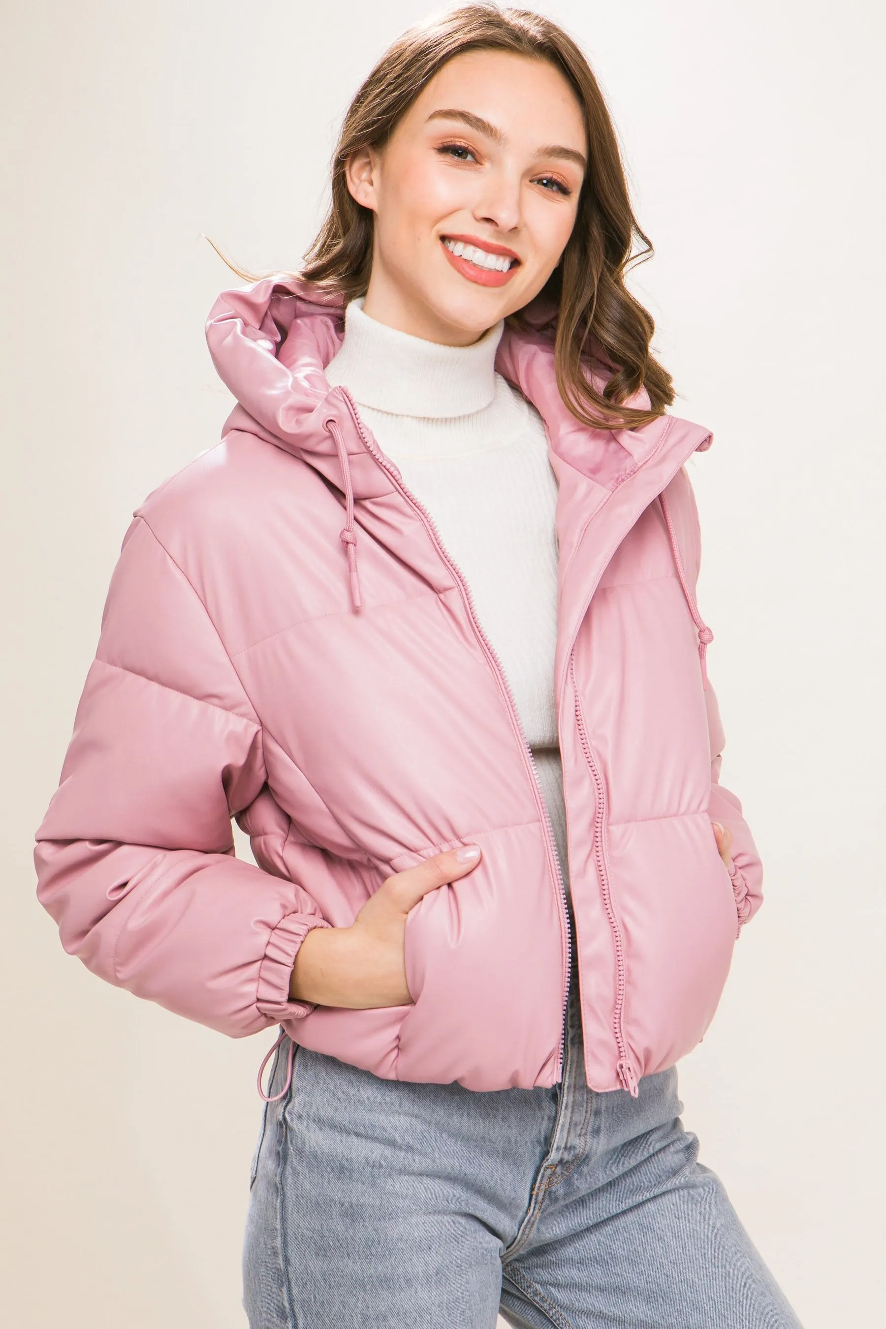 Women's faux leather zipper hooded puffer jacket