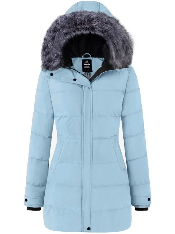 Women's Long Quilted Winter Coat Thicken Puffer Jacket with Faux Fur E39