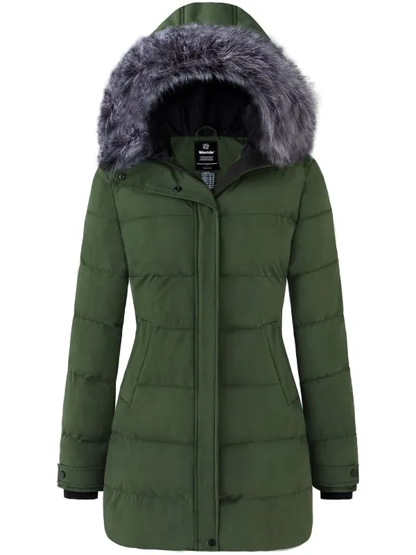 Women's Long Quilted Winter Coat Thicken Puffer Jacket with Faux Fur E39