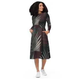 Womens Long Sleeve Midi Dress - Palm Tree Leaves Maroon Green