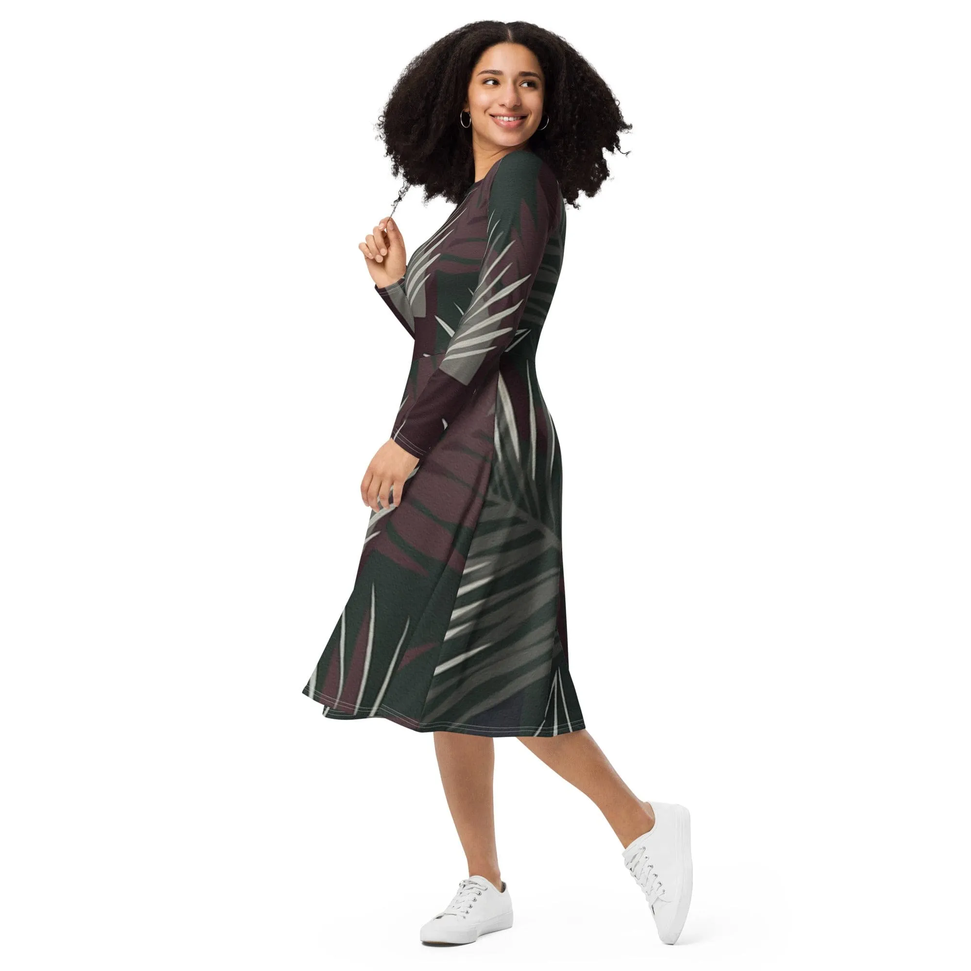 Womens Long Sleeve Midi Dress - Palm Tree Leaves Maroon Green