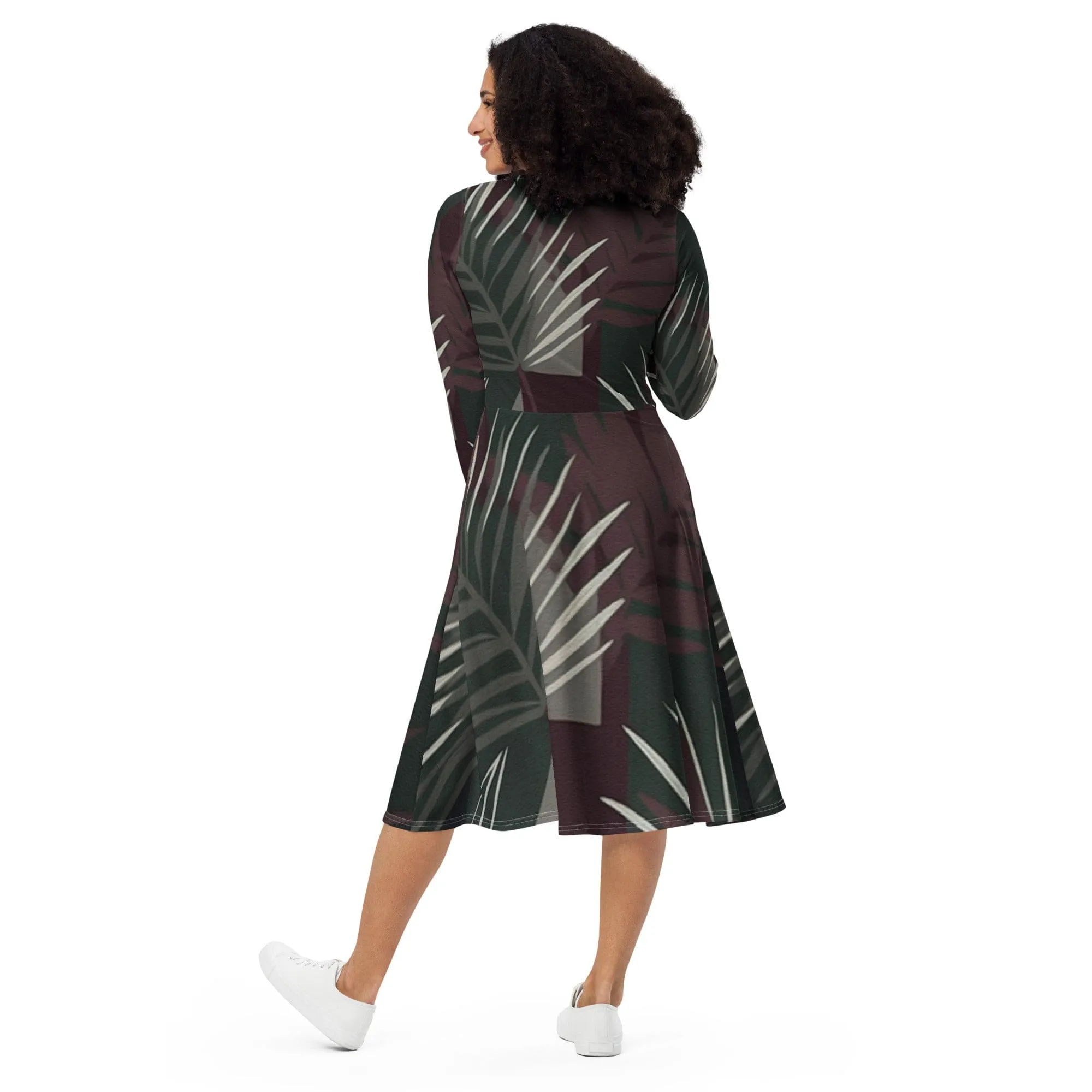 Womens Long Sleeve Midi Dress - Palm Tree Leaves Maroon Green