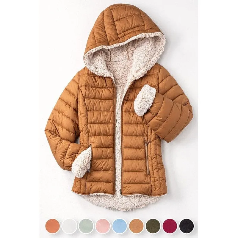 Women's Sherpa Fleece Lined Puffer Jacket W hood.