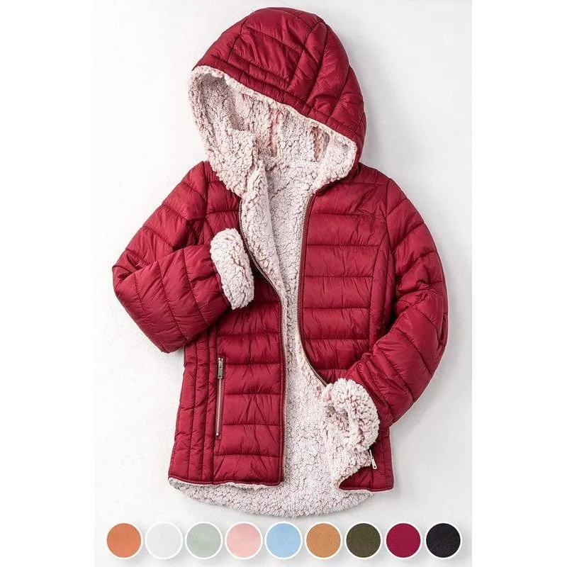 Women's Sherpa Fleece Lined Puffer Jacket W hood.