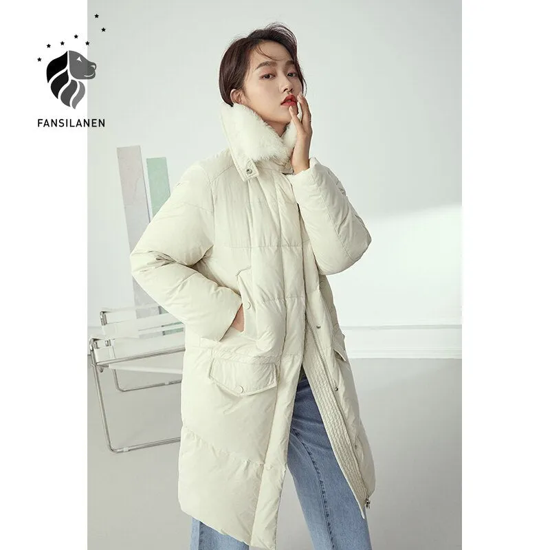 Wram Elegant Oversized Long White Down Coat Women Feather Winter Casual Down Jacket Female Puffer Thermal Down Parka