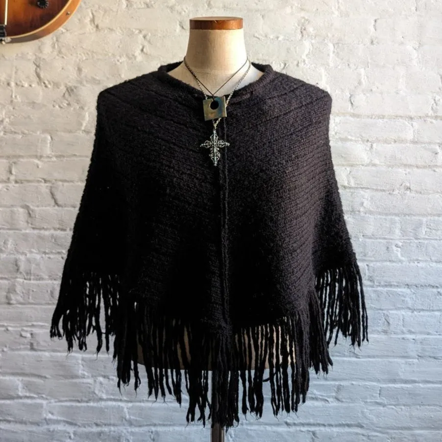 Y2K Vintage Black Knit Fringe Poncho Goth Western Dark Grunge Festival Sweater