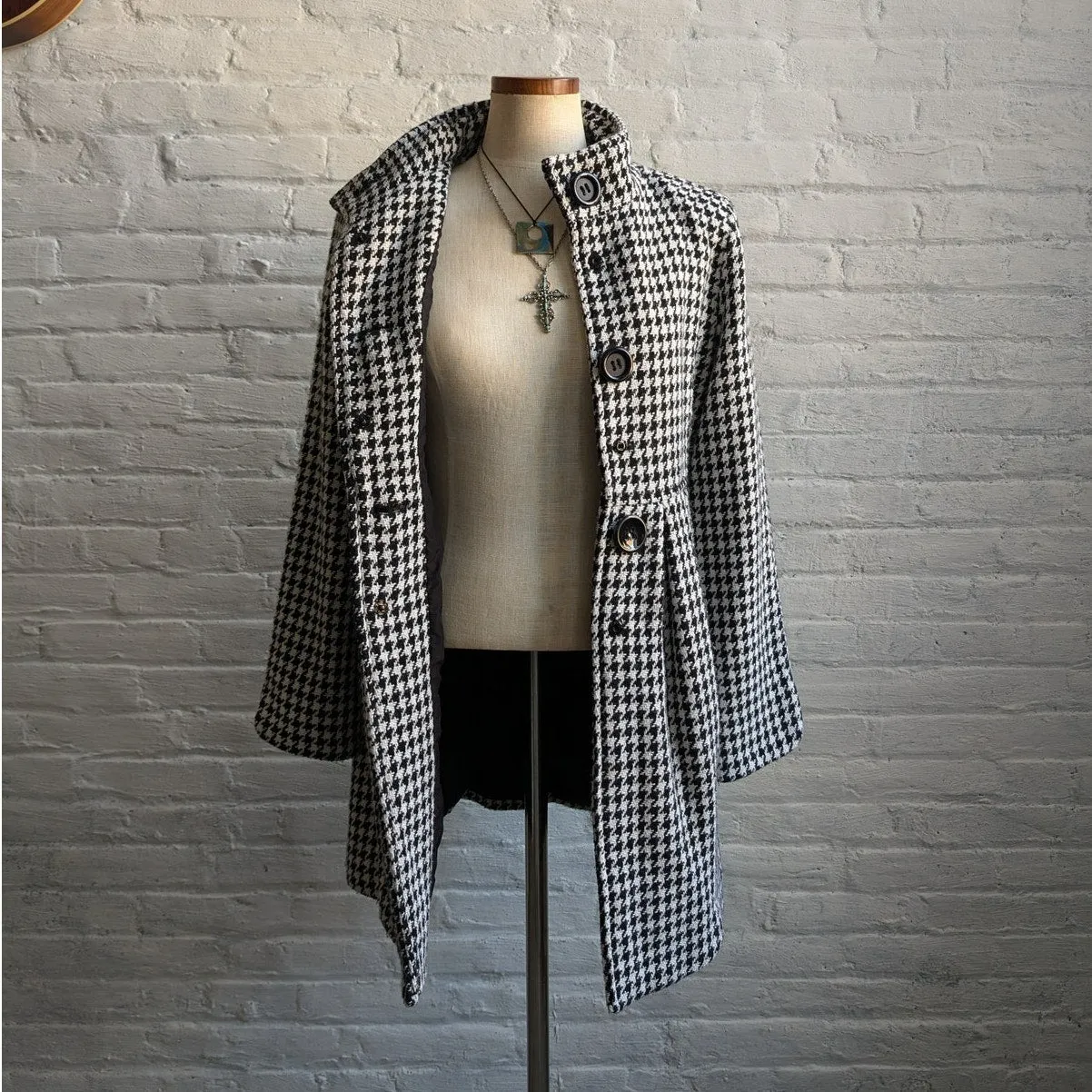 Y2K Vintage Houndstooth Wool Flared Jacket Woven Knit Preppy Whimsygoth Peacoat