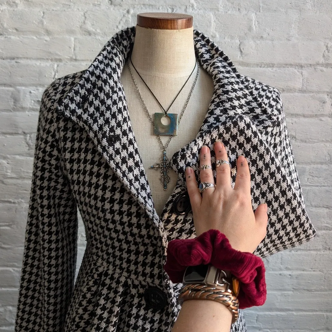 Y2K Vintage Houndstooth Wool Flared Jacket Woven Knit Preppy Whimsygoth Peacoat