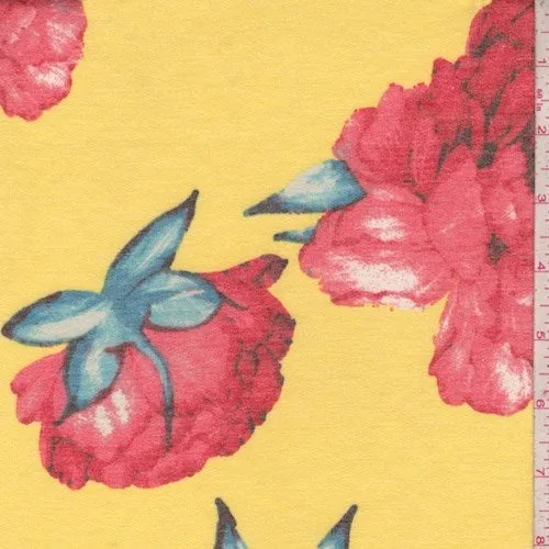 Yellow/Coral Peony Double Brushed French Terry Knit Fabric