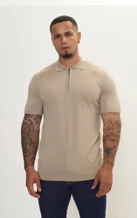 Zipper Closure Lightweight Polo Tee - Dark Beige