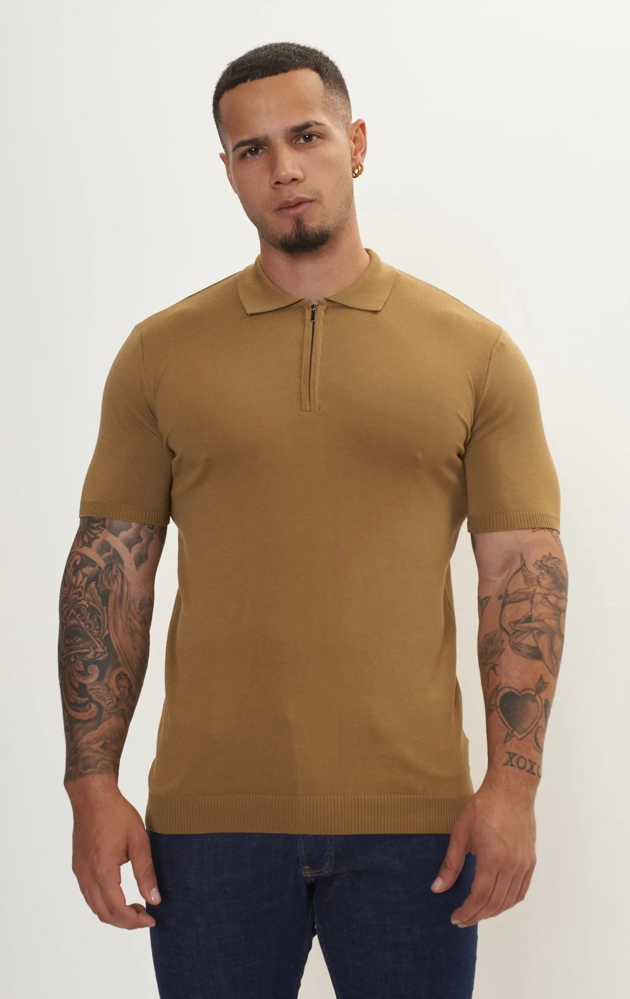 Zipper Closure Lightweight Polo Tee - Mustard