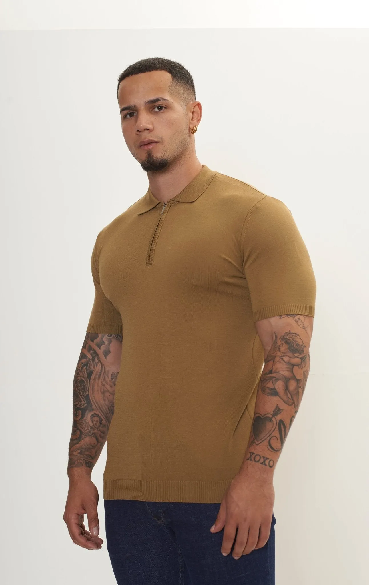 Zipper Closure Lightweight Polo Tee - Mustard