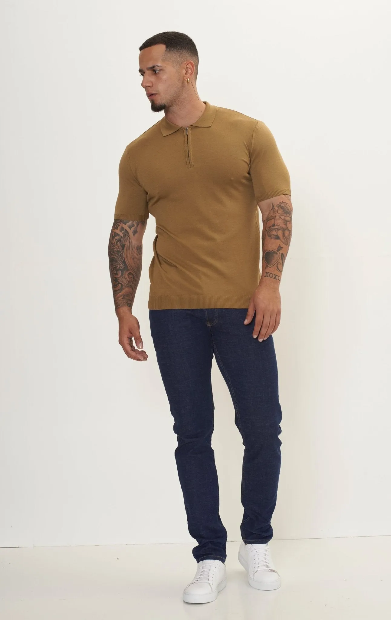 Zipper Closure Lightweight Polo Tee - Mustard